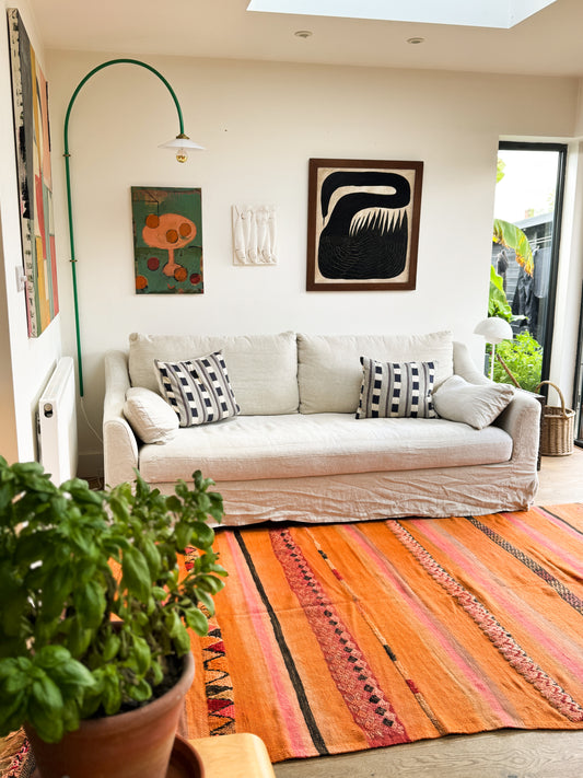 07 - Orange with Blue Diamond Vintage Wool Rug Throw